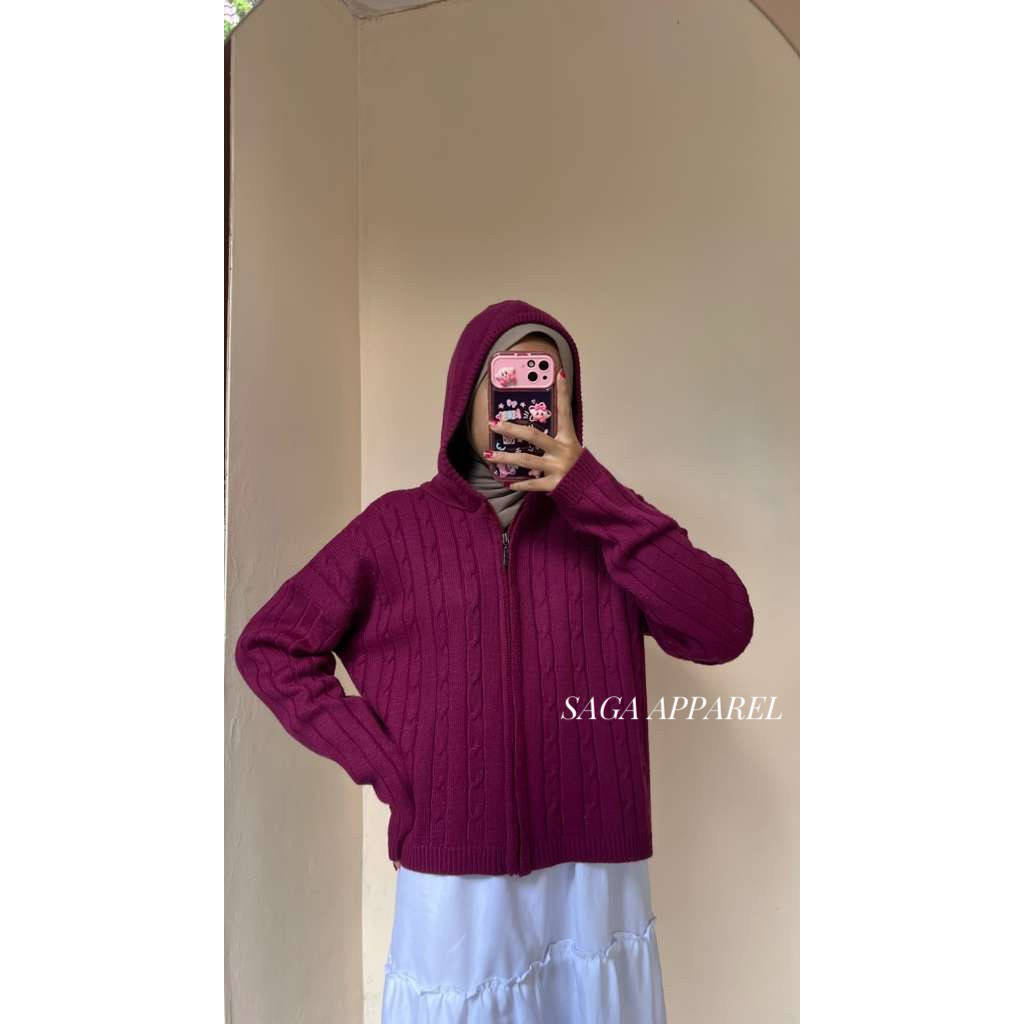 ROSA HOODIE RAJUT CROP  MOTIF CABLE KANCING RESLETING LENGAN PANJANG