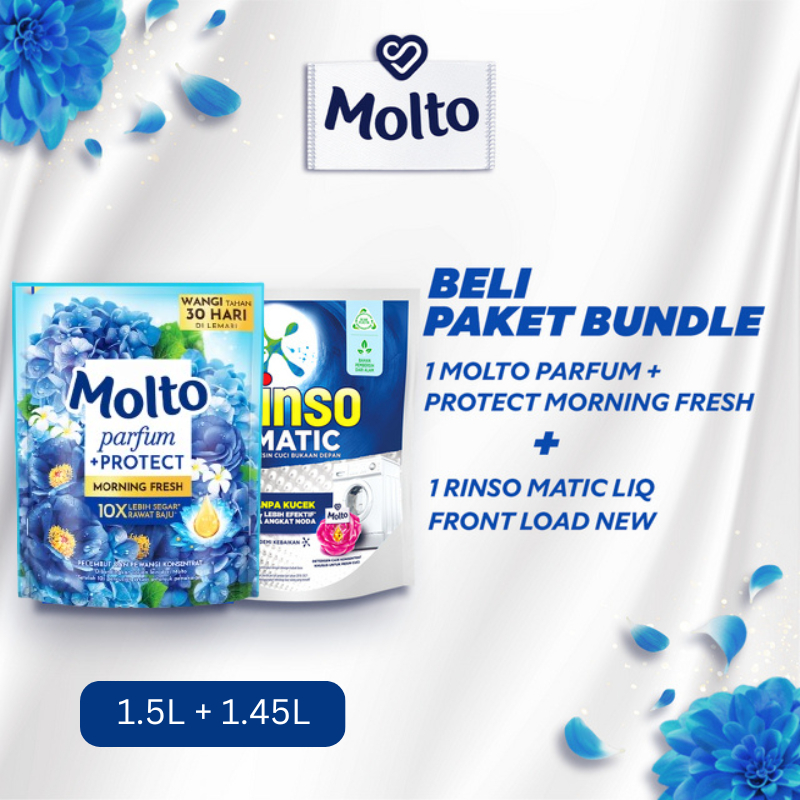 BELI PAKET 1 RINSO MATIC LIQ FRONT LOAD NEW 1.45L + 1 MOLTO ALL IN ONE BLUE PARFUM+ PROTECT 1.5L