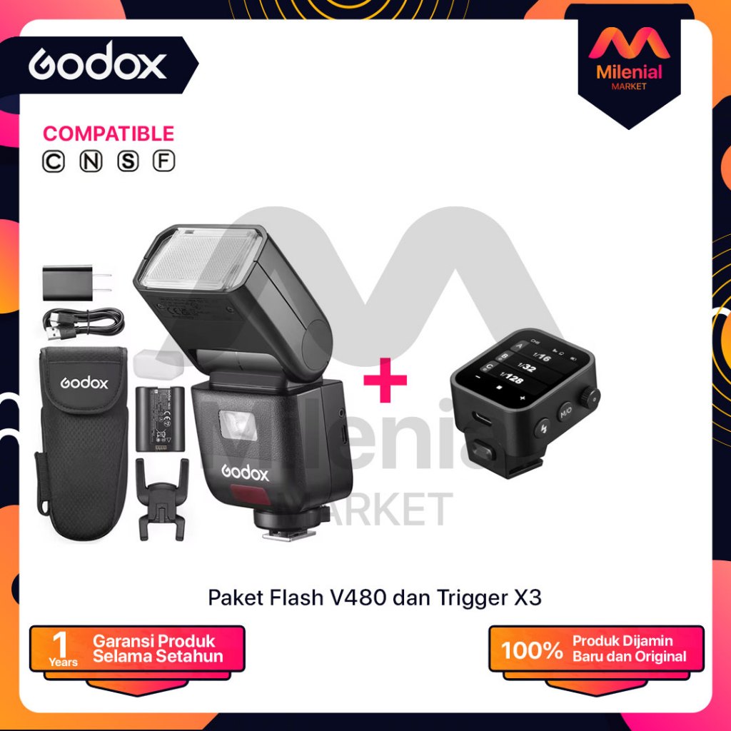 Paket Flash Godox V480 + Trigger X3 V480 V 480 Canon Fujifilm Nikon Olympys Sony