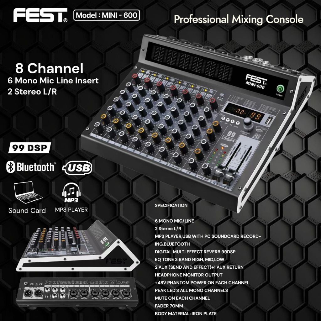 Mixer Fest Mini 600 Original 8 Channel Bluetooth