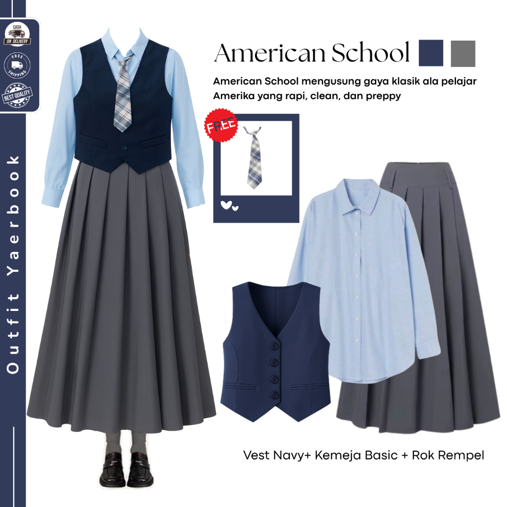 Ootd Yearbook American School (Vest Navy + Kemeja Basic + Rok Remple ) American School Yearbook Outf