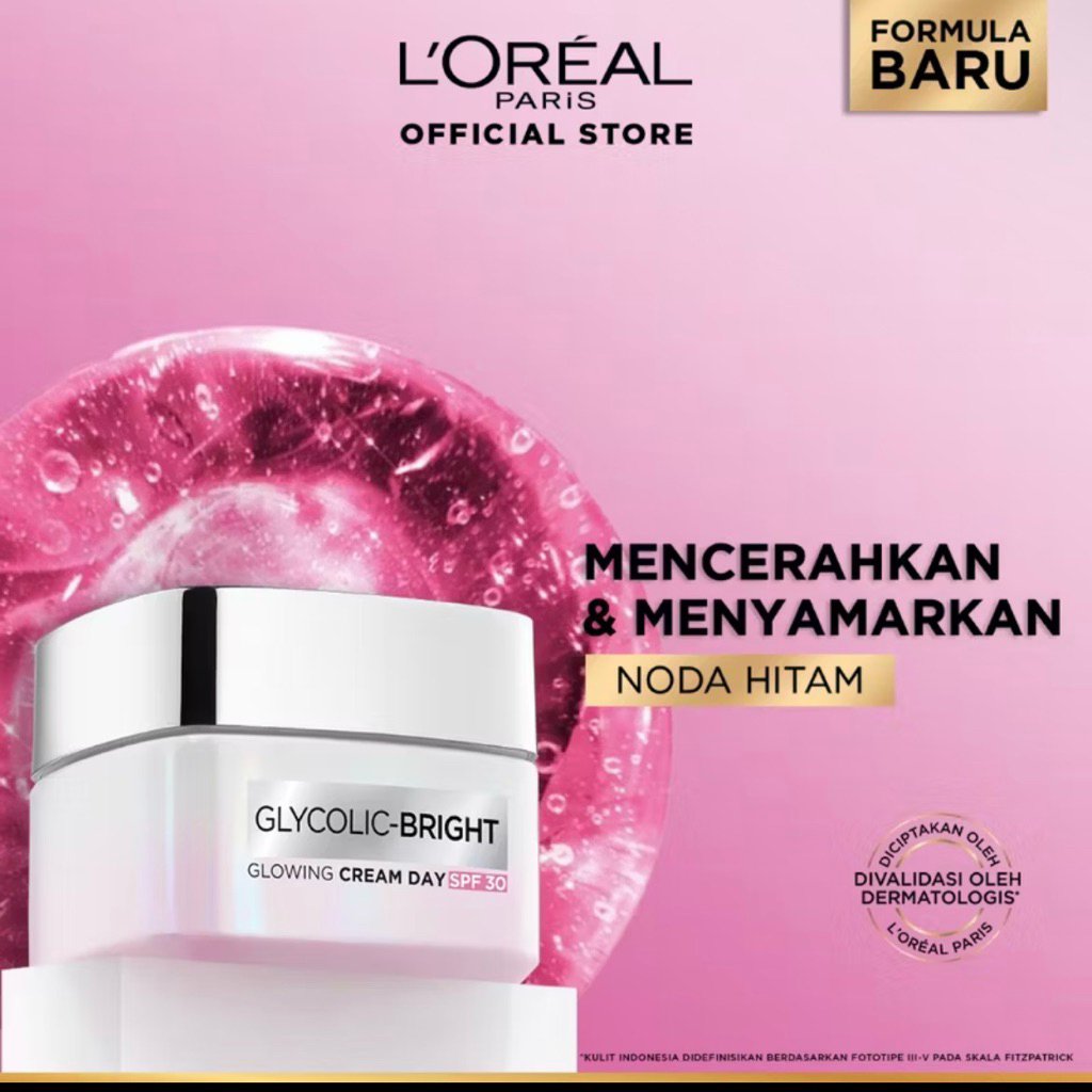 L'Oreal Paris Glycolic Bright Glowing Day Cream SPF 17/30 - 15/50ml (Krim Siang  Pelembab Loreal Gly