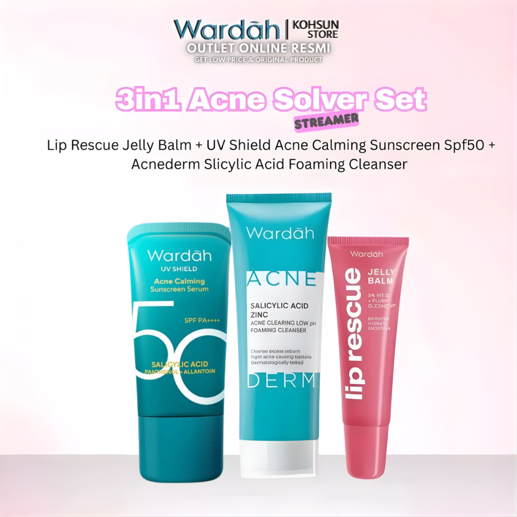 WARDAH Paket 3in1 Uv Shield Gel Sunscreen Spf50, Face Wash, dan Jelly Balm - Calm Acne, Lip Rescue H