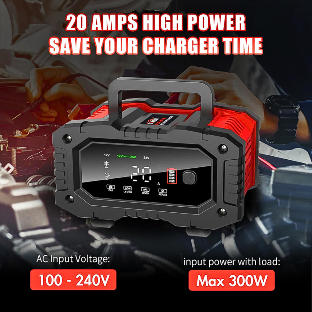 MALL FOXSUR Cas Charger Aki Mobil motor 12 - 24 volt otomatis kering basah 20A 300W FPT-200