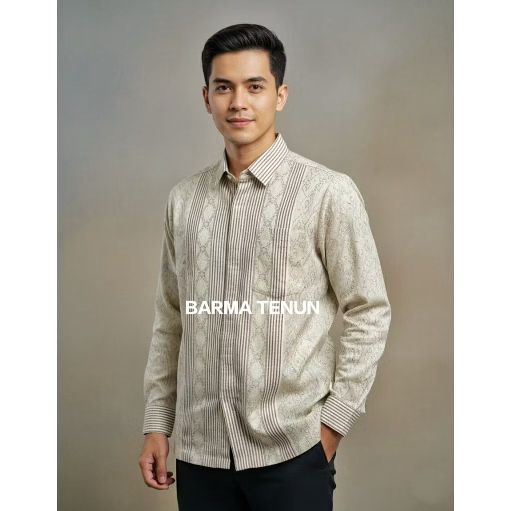 kemeja pria lengan panjang songket pria 3d premium cream nude