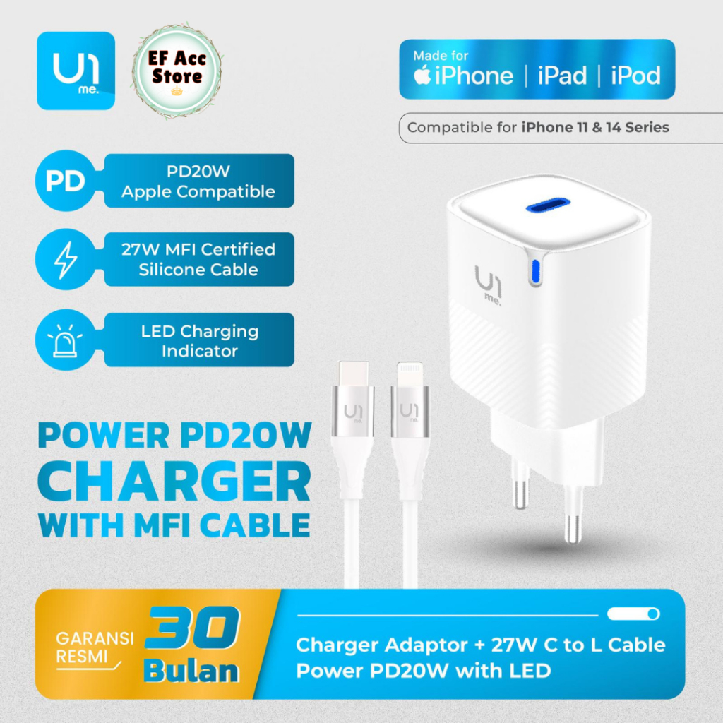 U1me. PC01-CL SET CHARGER MFI KABEL DATA IPHONE LIGHTNING TO TYPE-C PD 20W LED CHARGING INDICATOR BA