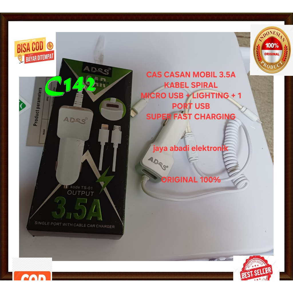 C142 ORI 100% ADAPTOR ADSS SAVER 3.5A 3IN1 3A CAR CHARGER SPIRAL SPRING TRAVEL ADAPTER CAS CASAN MOB
