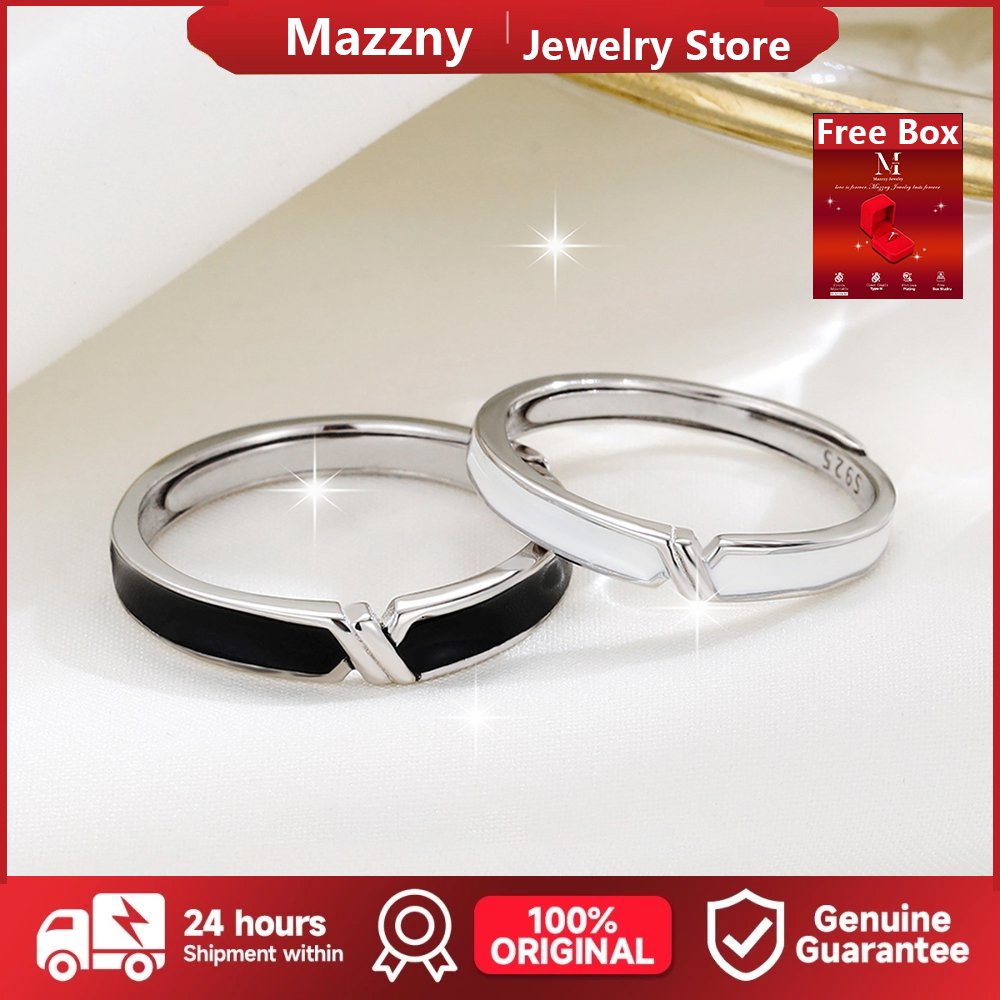 Mazzny Kotak Hadiah Gratis Cincin Pasangan Perak Sterling Hitam dan Putih S925 yang Dapat Disesuaika