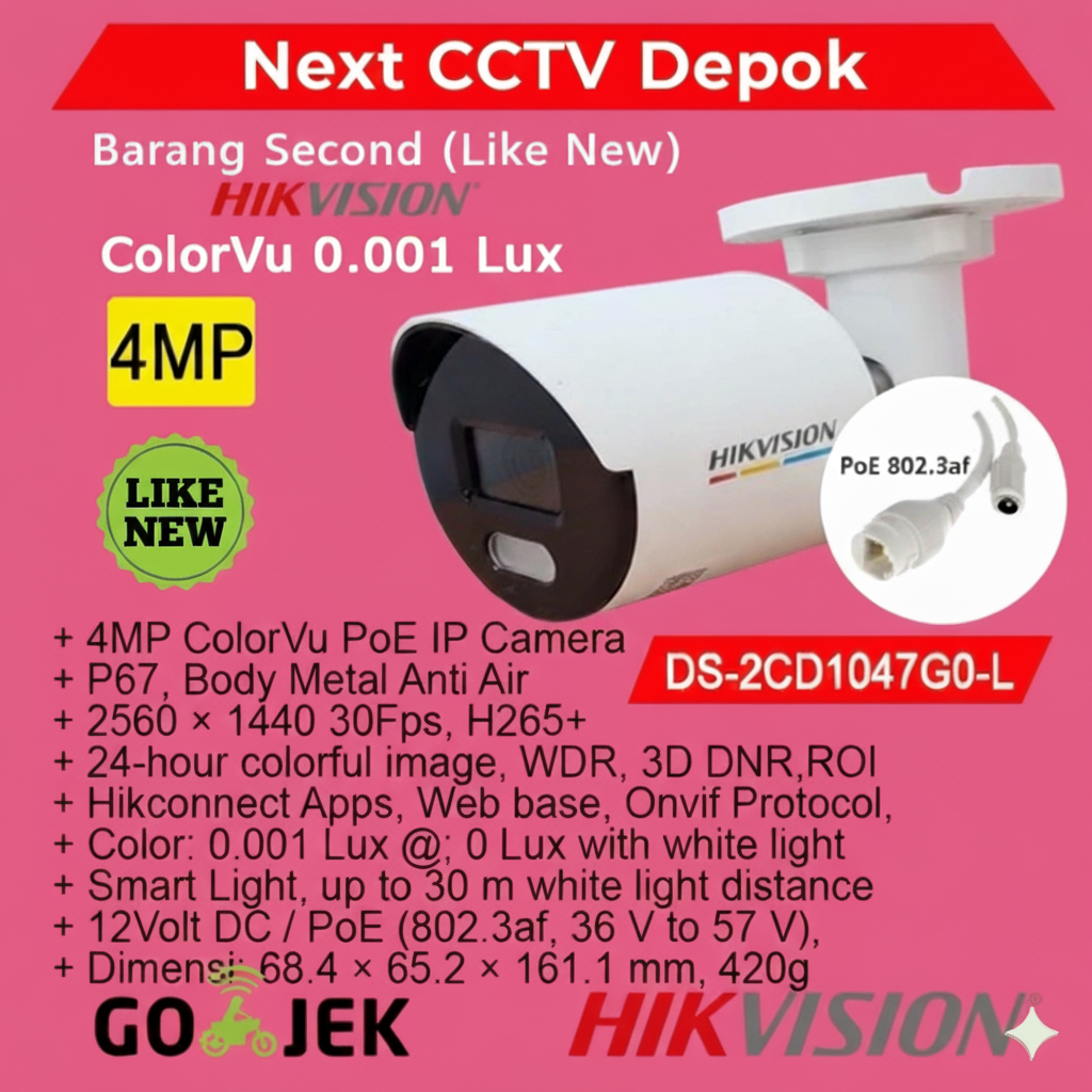IP Camera 4MP ColorVU, Hikvision DS-2CD1047G0-L, PoE CCTV Outdoor 4MP, (second) Like New, IP CAM, CC