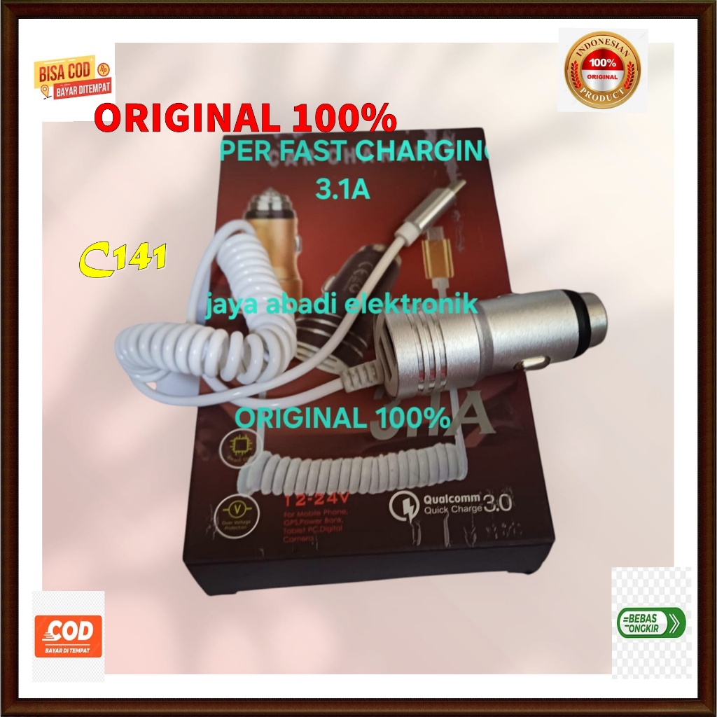 C141 100% ORI ADAPTOR SAVER 3A 3 A CAR CHARGER SPIRAL SPRING TRAVEL ADAPTER CAS CASAN MOBIL 2 USB CH