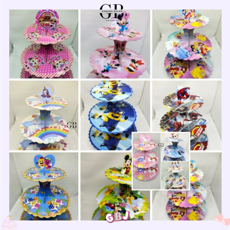 GBJ - Stand Cupcake 3 Susun Motif Karakter / Tatakan Kue Ulang Tahun 3 Tingkat