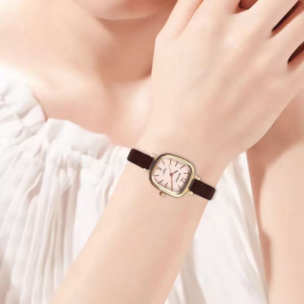 Jam tangan wanita fashion Tali Kulit Analog Kecil Gaya Korea Barsh kaca Mewah