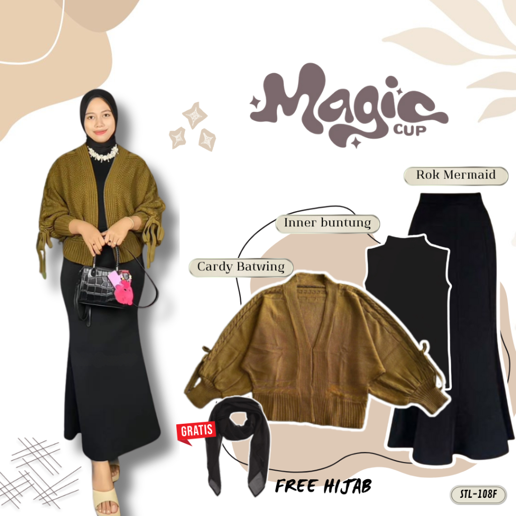 Outfit Korean Style Cardigan batwing | Rok mermaid | Inner jersey | Hijab | Bohemian OOTD Selebgram 
