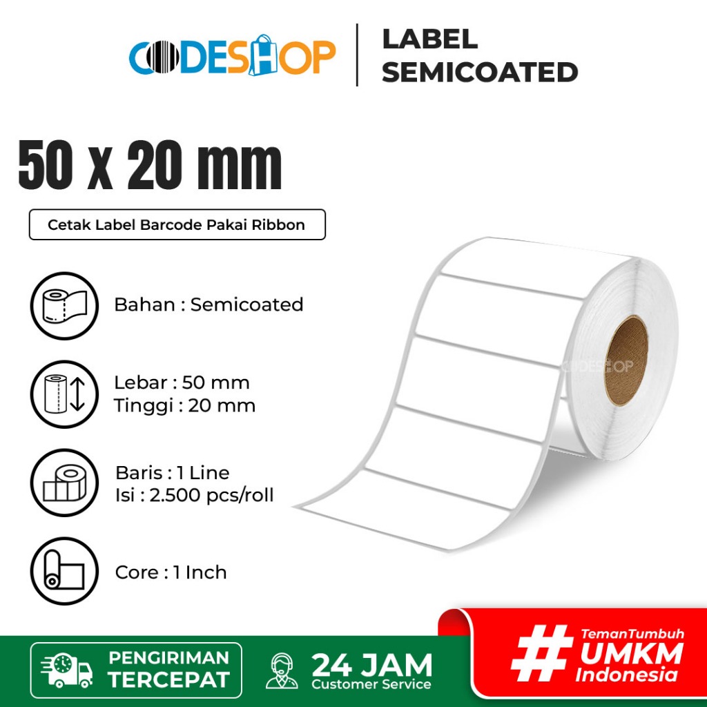 Label Semicoated 50x20mm / 50x20 / 50 x 20 mm 1 Line 2500 Pcs