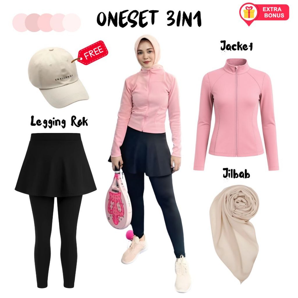 One set 3in1 jacket legging rok jilbab segi empat topi | ootd outfit oneset setelan wanita anak pere