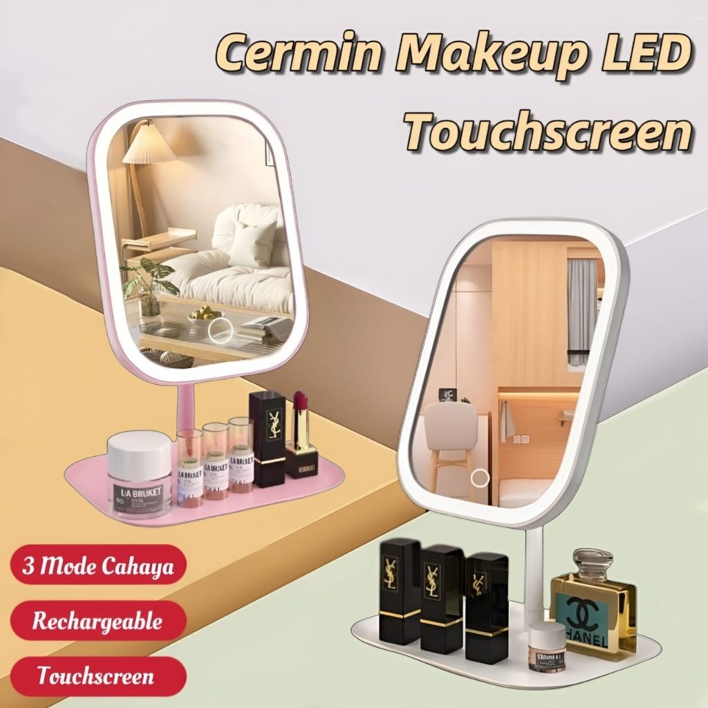 Portable Touchscreen Mirror LED | Cermin Lampu LED Rechargeable Tombol Touchscreen | Kaca Cermin •IC