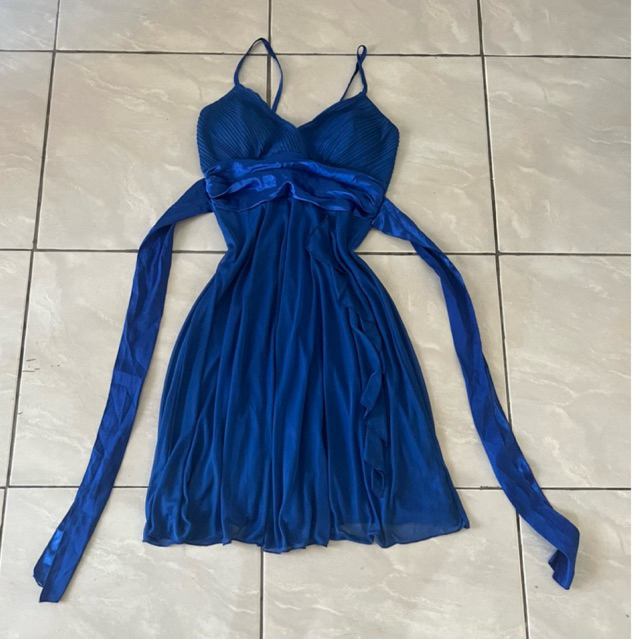Preloved new Sexy blue electric gown satin mini dress pesta tank top biru cup bra bridesmaid