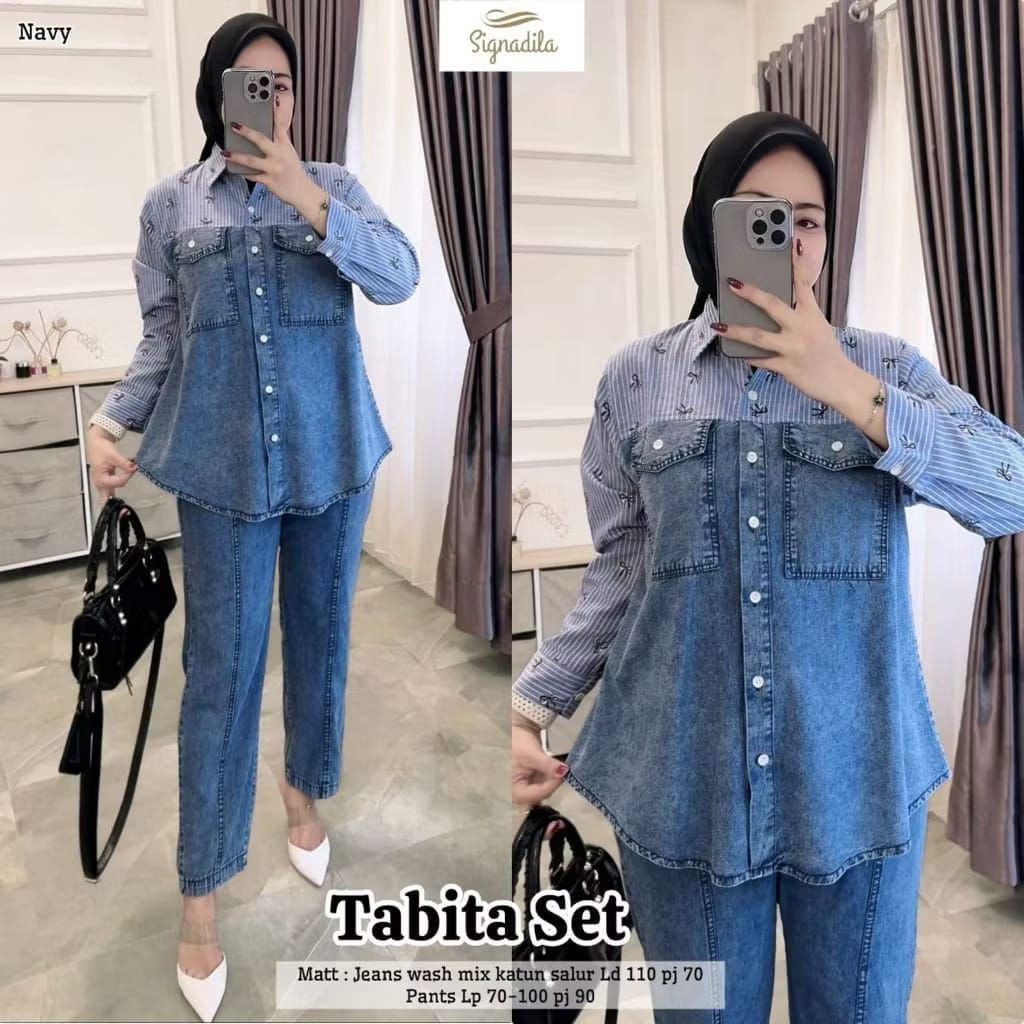 Tabita set celana Dress wanita muslimah Gamis baju midi muslim gaun lebaran oneset hijab satu set se