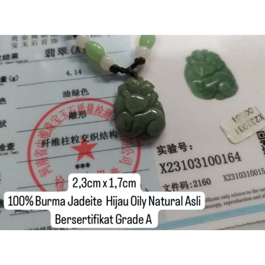 Liontin Giok Rubah Berekor 9 Jadeite Natural Asli Bersertifikat 0164