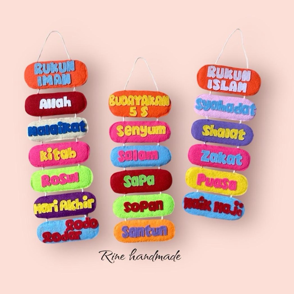 Gantungan dinding rukun iman rukun islam dan Budayakan 5S polos bahan flanel