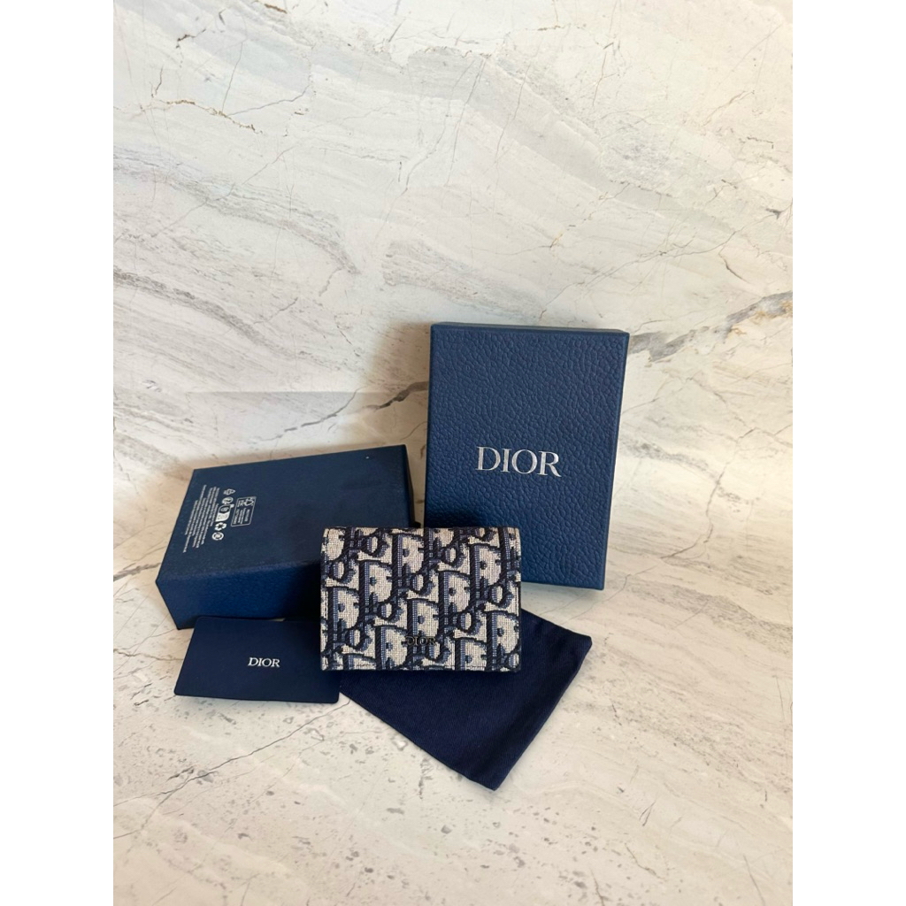 Like new 2023 dior card wallet bifold leather oblique blue black authentic dompet