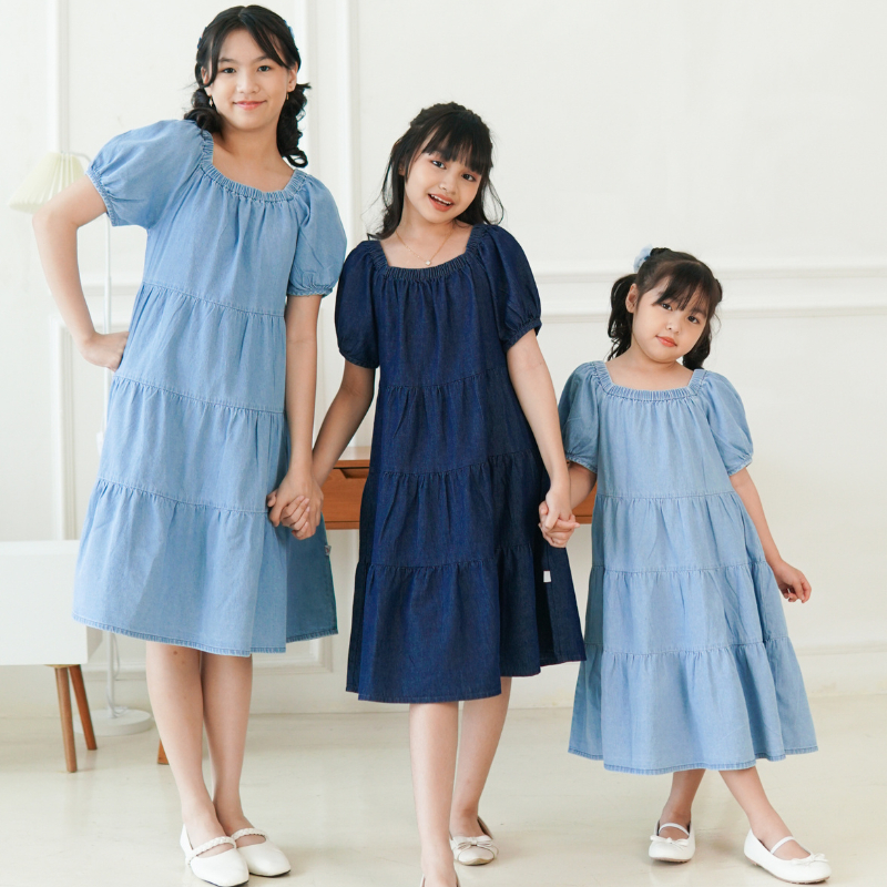 Queenkids - Yoona Dress Denim - Dress Jeans Denim Lengan Pendek Anak Perempuan Remaja Tanggung