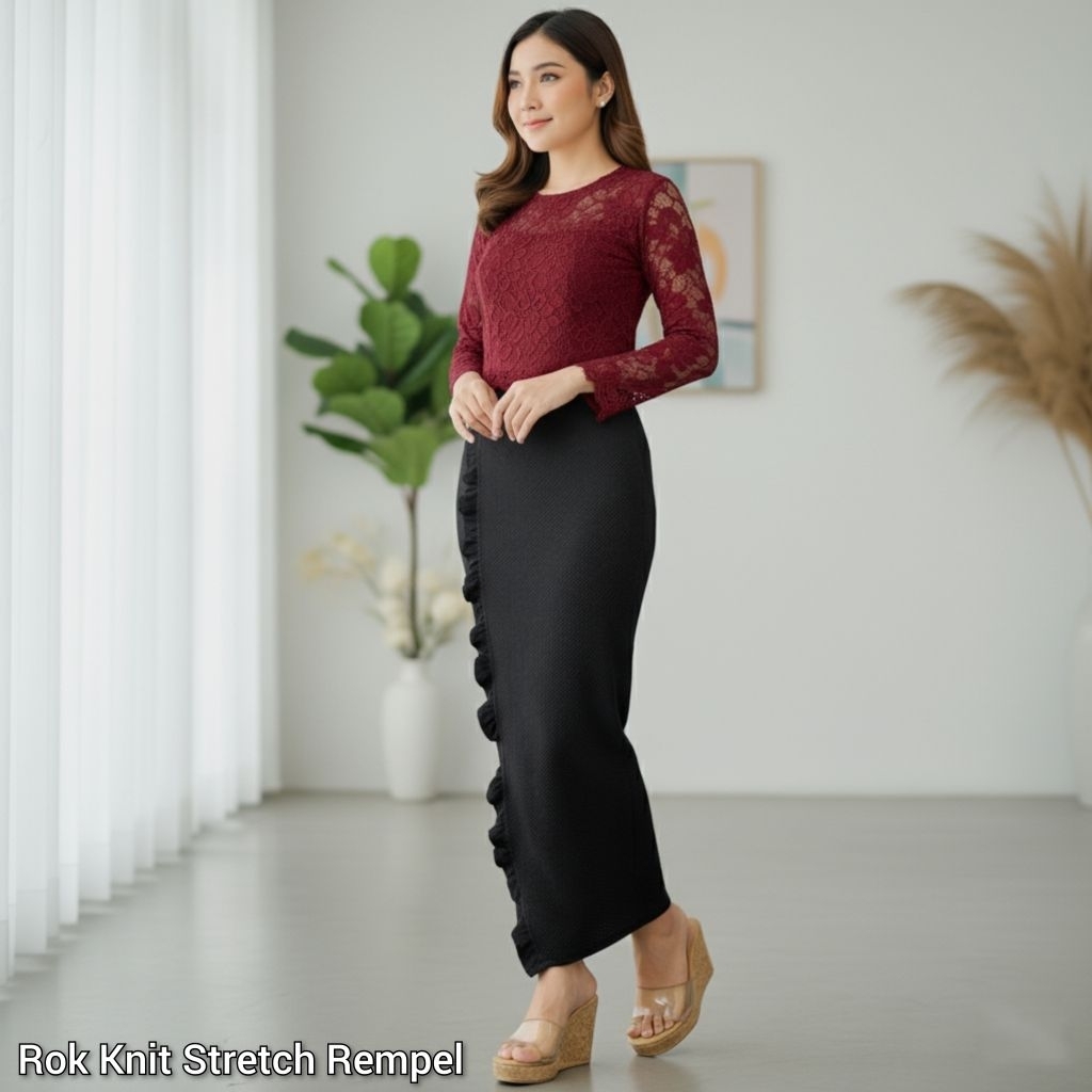 Rok Bawahan Kebaya Knit Hitam Polos Rempel