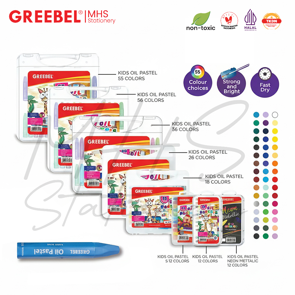 GREEBEL Crayon Krayon Kids Oil Pastel Warna cerah 12 24 18 24 36 48 55 NEON & METALIC