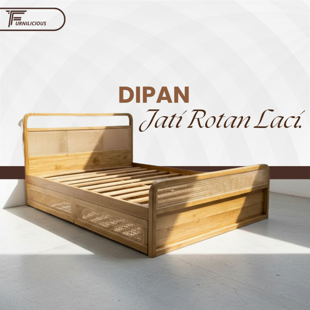 Dipan Kayu Jati Rotan Minimalis Laci Bawah – Tempat Tidur Multifungsi – Furnilicious