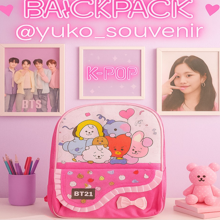 Tas Sekolah Anak BTS 21Pink Kantong Pita Tas Ransel karakter Ukuran TK Kantong Depan Pita