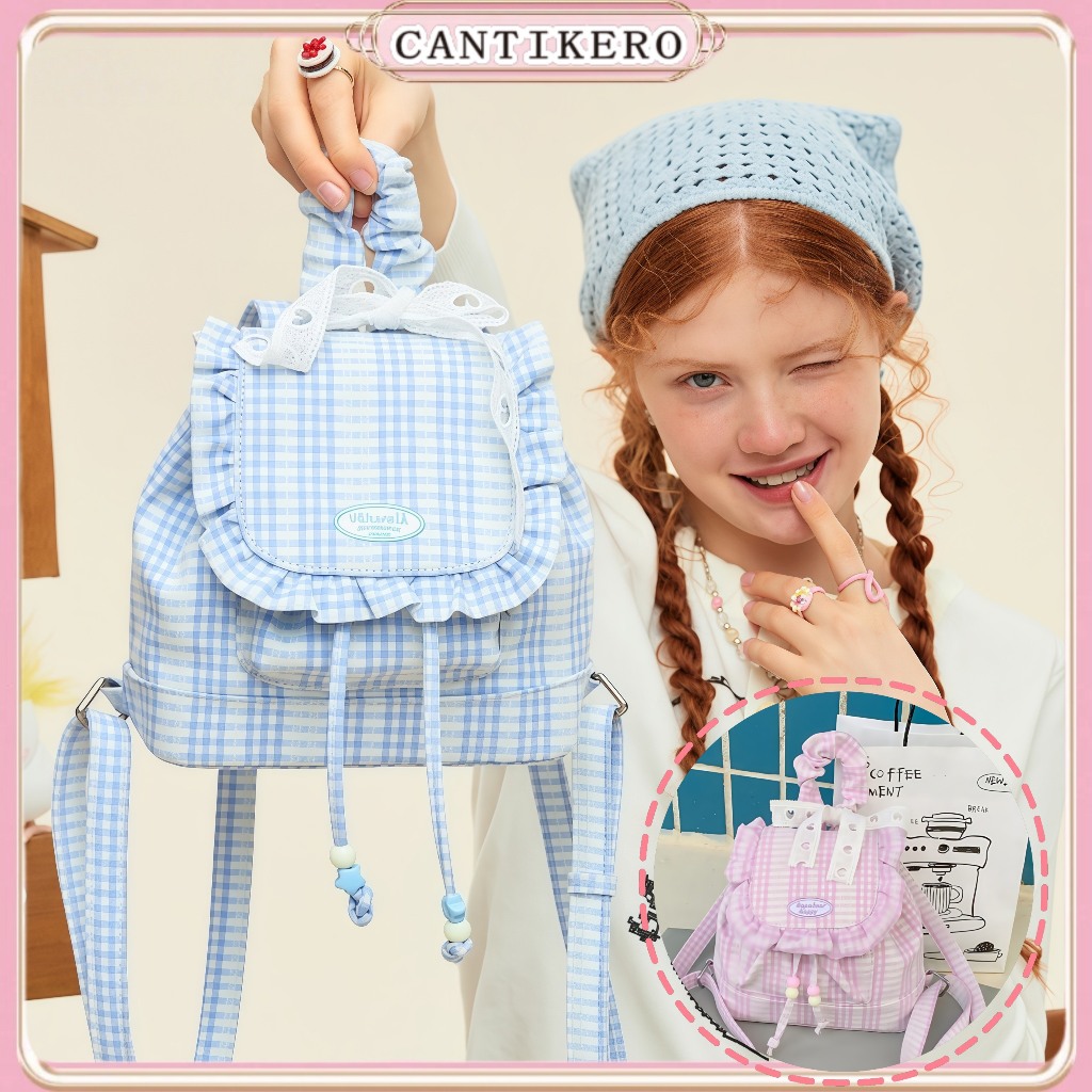 CANTIKERO Tas Ranse Renda Baru Ransel Kotak-Kotak Korea Lucu Tas Sekolah Wanita Mini Gaya Kuliah Kor