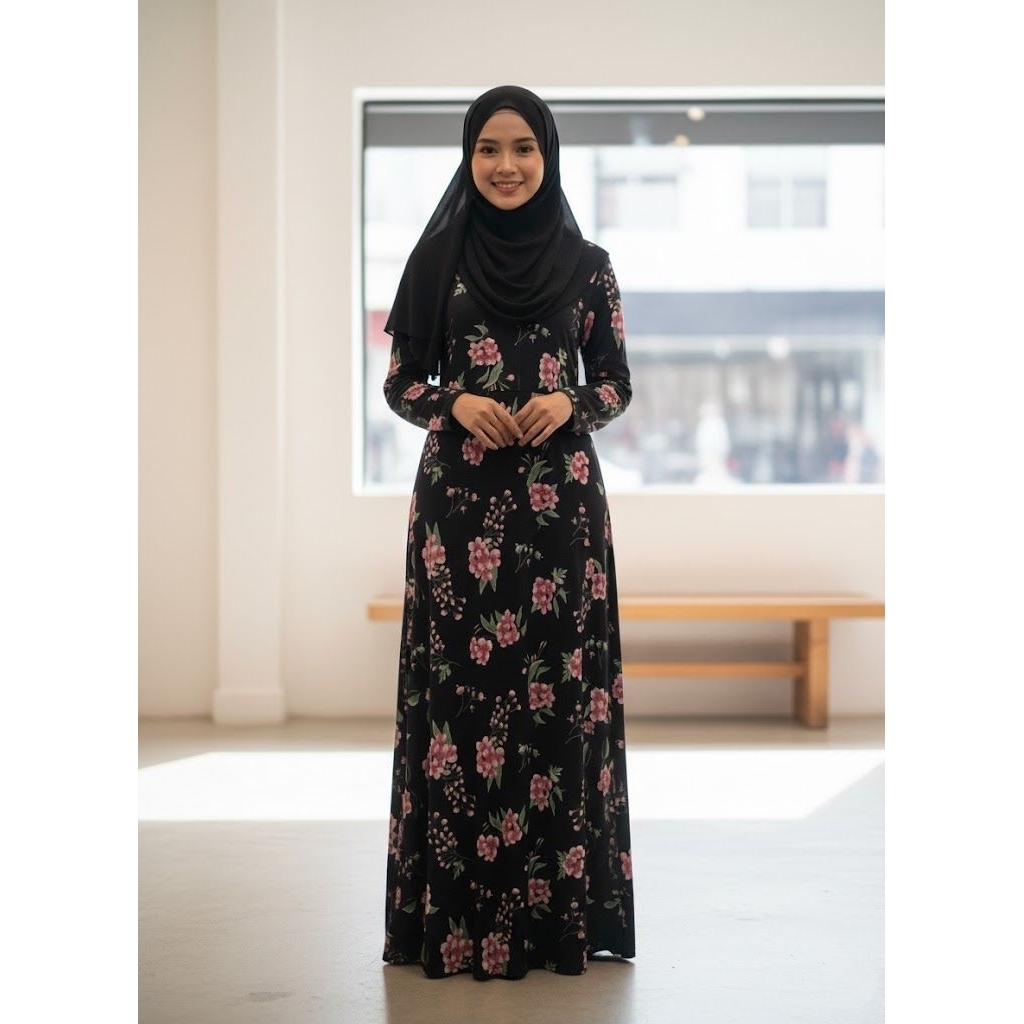 Gamis simple motif bunga jersey