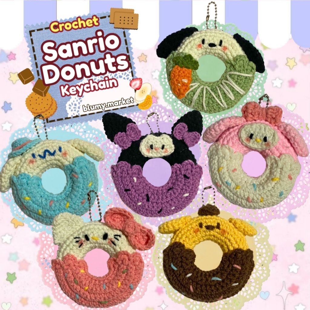 Crochet Sanrio Donuts Keychain|Hello Kitty, Kuromi, My Melody, Pompompurin, Pochacco, Cinnamoroll Sw