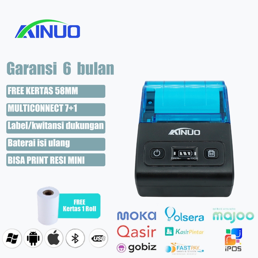 AINUO PRINTER KASIR 58mm Printer Thermal alat print resi support Android/ios/Windows Bluetooth +USB