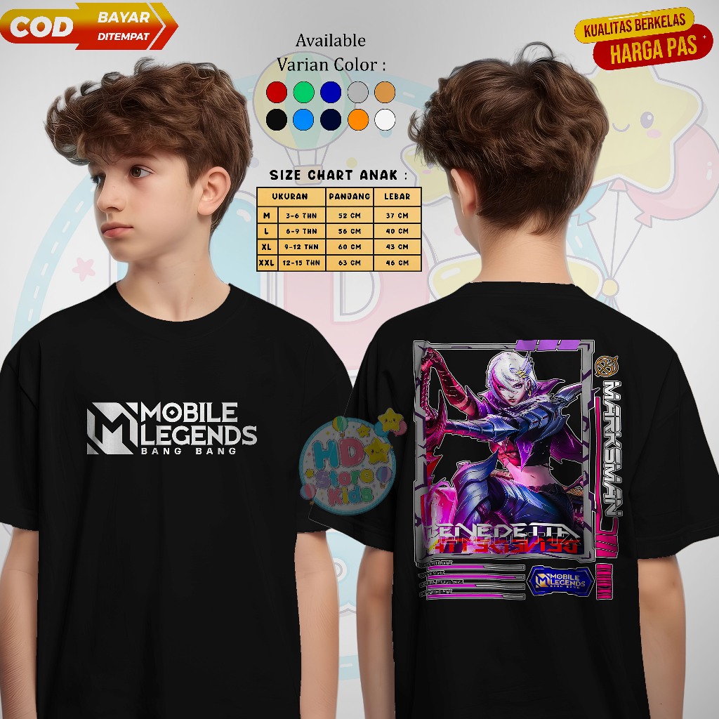 Baju Kaos Distro Anak2 Laki - Laki Usia 3-10 Tahun / M-L-XL-XXL / MOBILE LEGENDS / BENEDETTA (10)