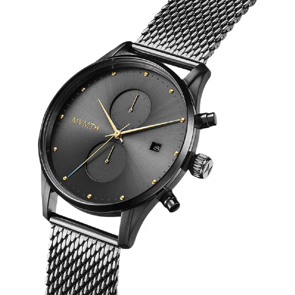 Jam Tangan Pria Casual Man Watch MVMT Voyager Black Stainless Steel Strap Grey Dial