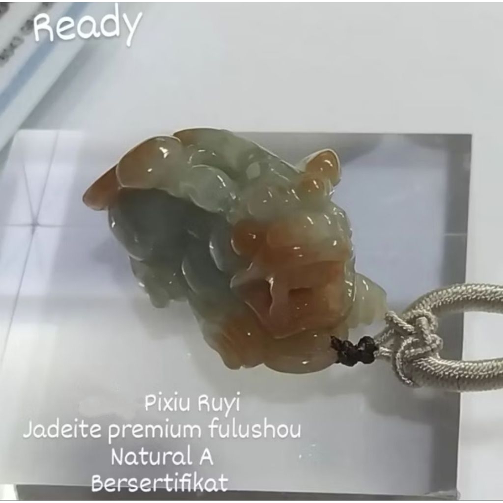 Liontin Pixiu Ruyi Giok Jadeite Langka Fulushou Grade A Bersertifikat 6636