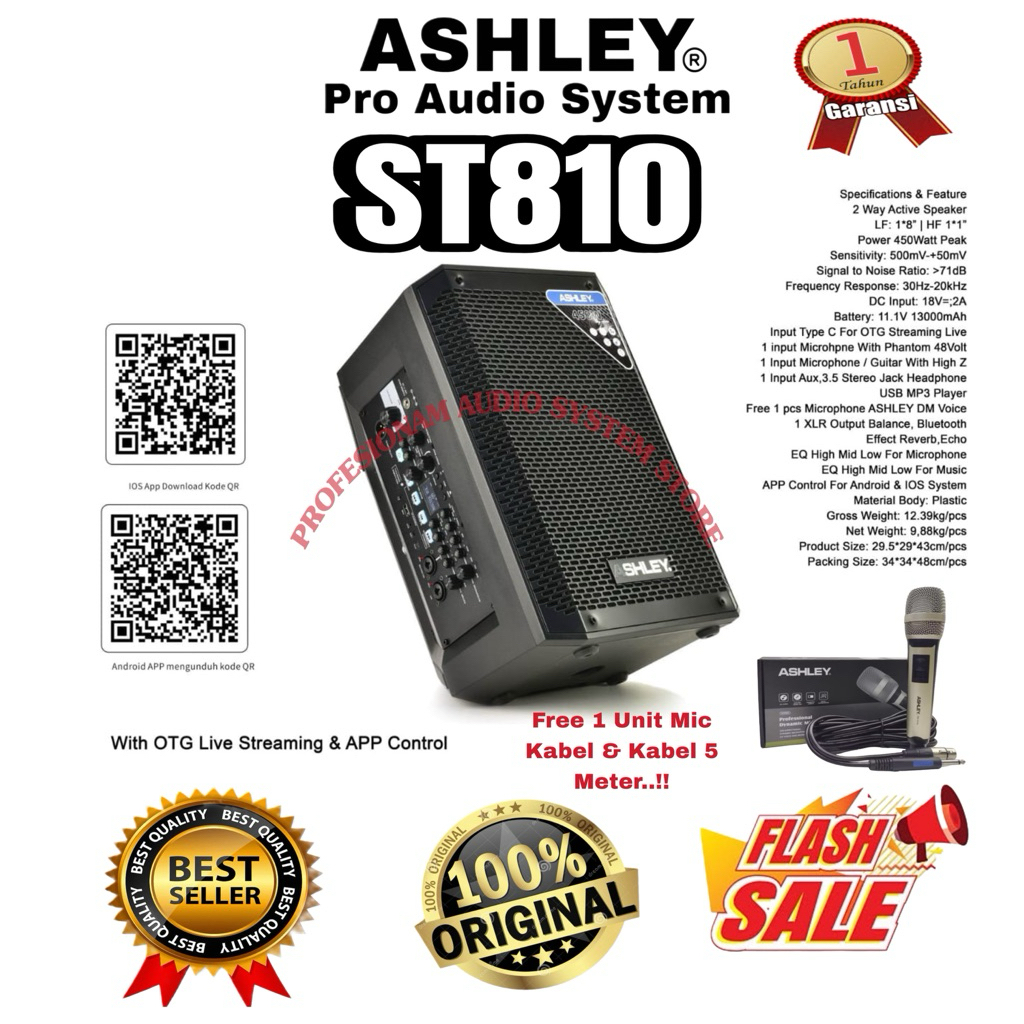 SPEAKER PORTABLE ASHLEY 8 INCH FREE MIC KABEL ST810 ST 810 ORIGINAL BERGARANSI RESMI ASHLEY
