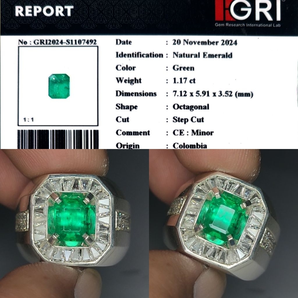 HQ ITEM Natural Emerald Colombia Minor 1.1ct GRI Hijau Botol Top Crystall Full Luster Ring Perak Mic