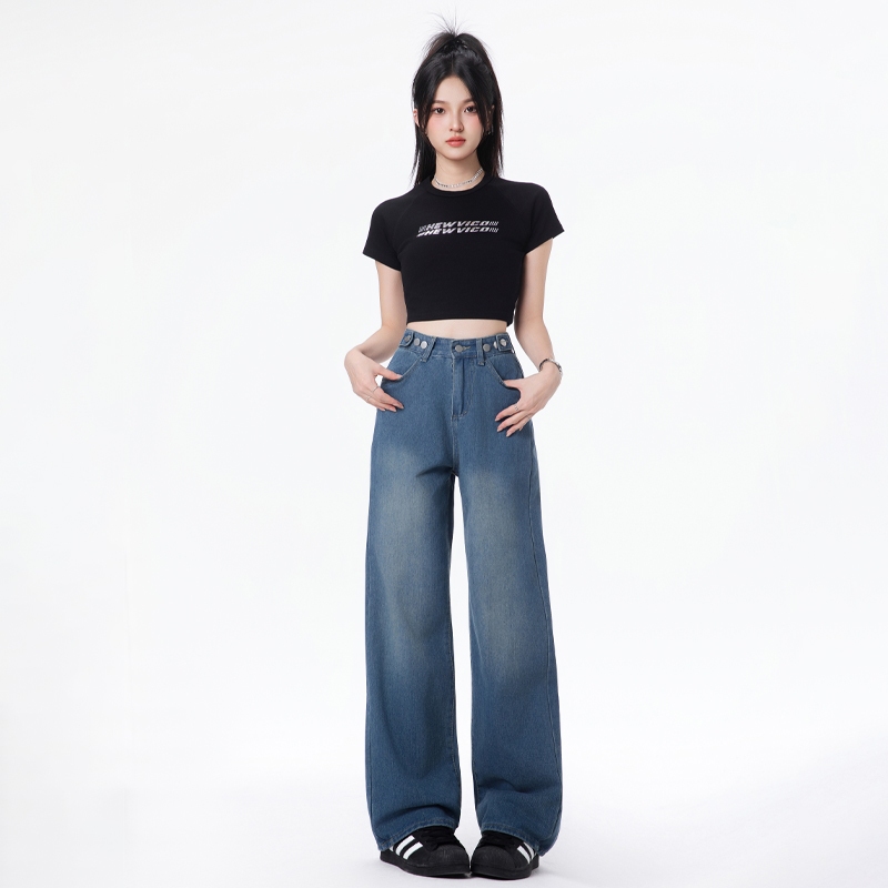 [Dua warna penuh]Celana Jeans Wanita High Waist Wide Leg Korea 026