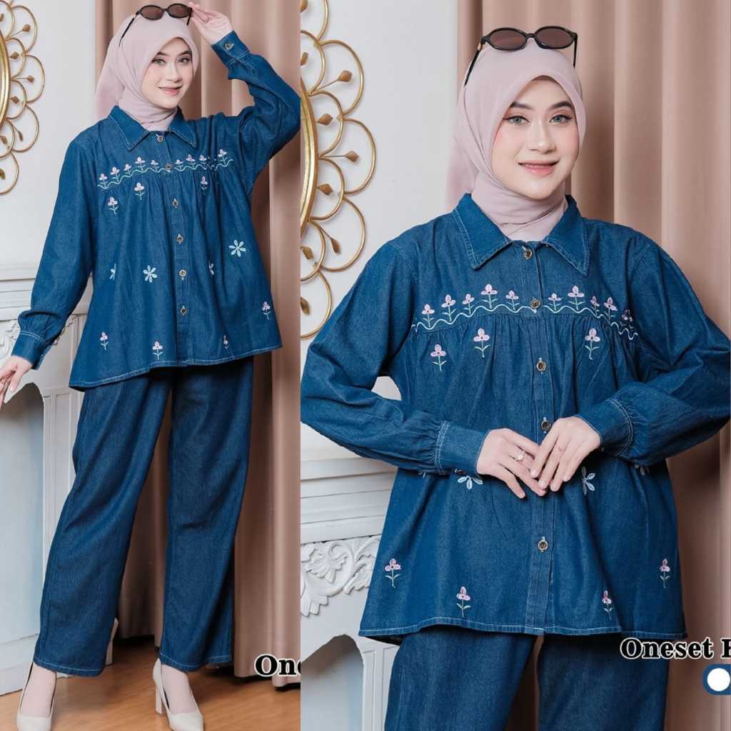KAMILA SET , oneset jeans bordir , one set jeans bordir bunga , set wanita soft jeans bordir , setel