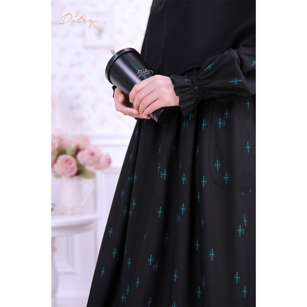 Ditsy Nightgown Hitam Pekat Gamis muslimah Priya Pitchblack XS M