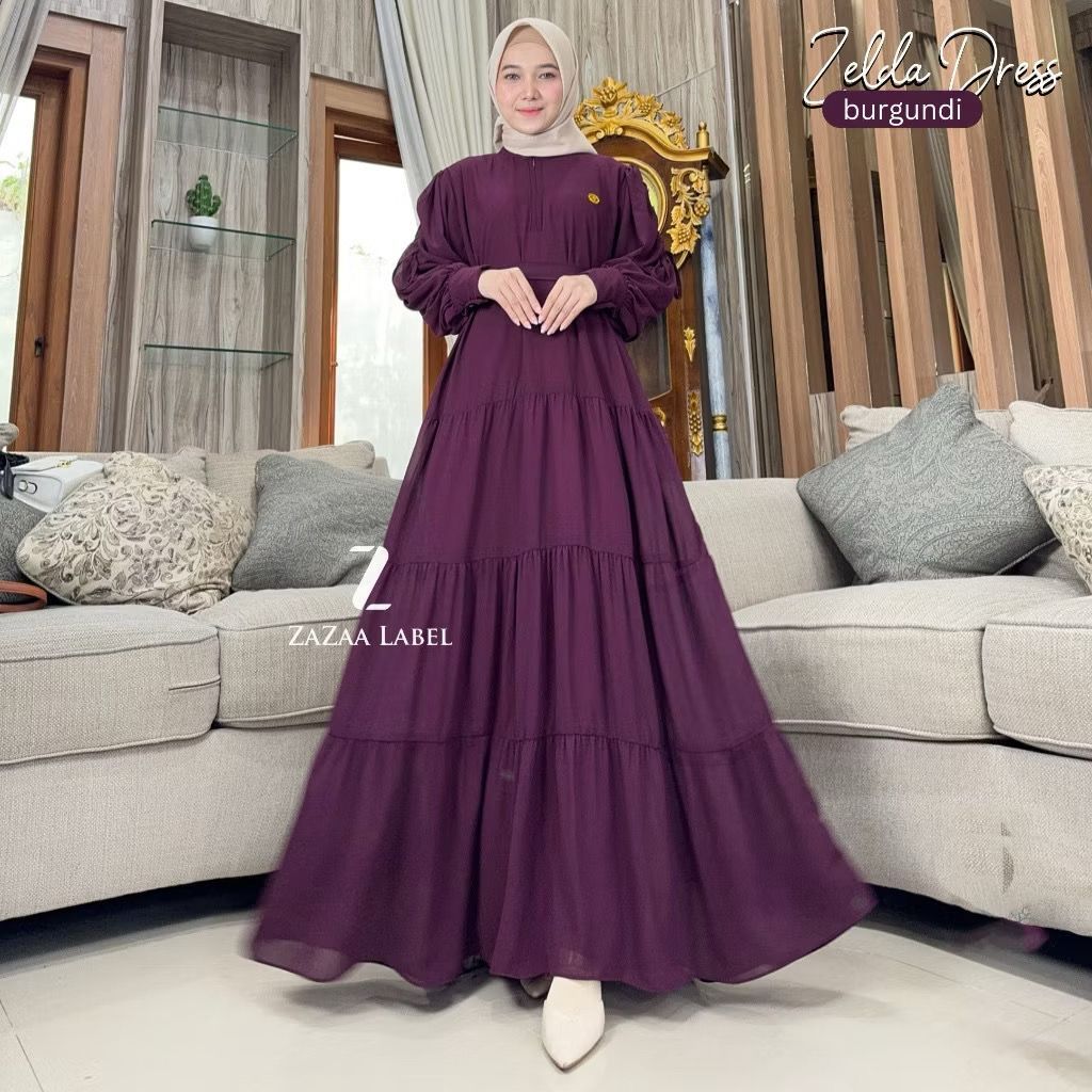 Zelda Dress Muslim LD 110 cm Ceruty Babydoll Full Furing kancing Mewah Kondangan