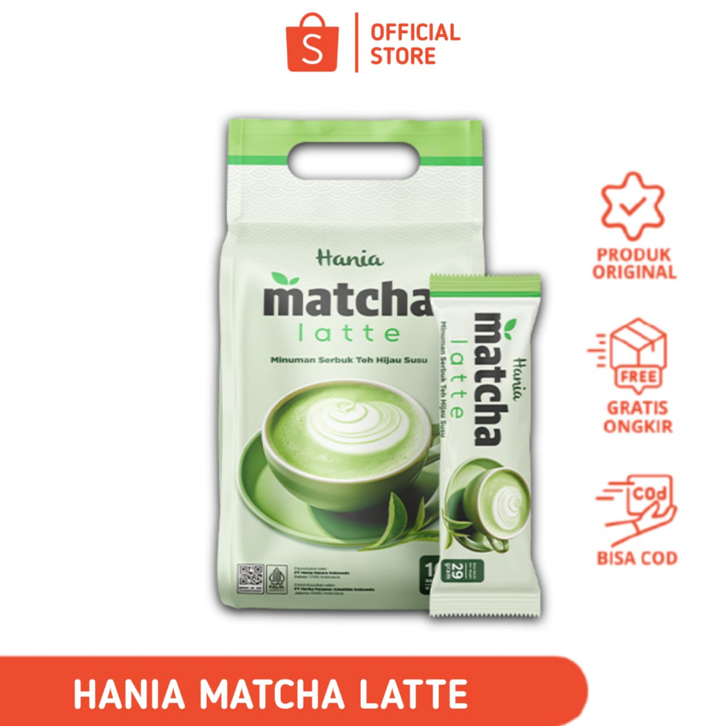 Hania Matcha Latte merupakan salah satu produk minuman serbuk HNI dengan bahan dasar teh hijau dan s