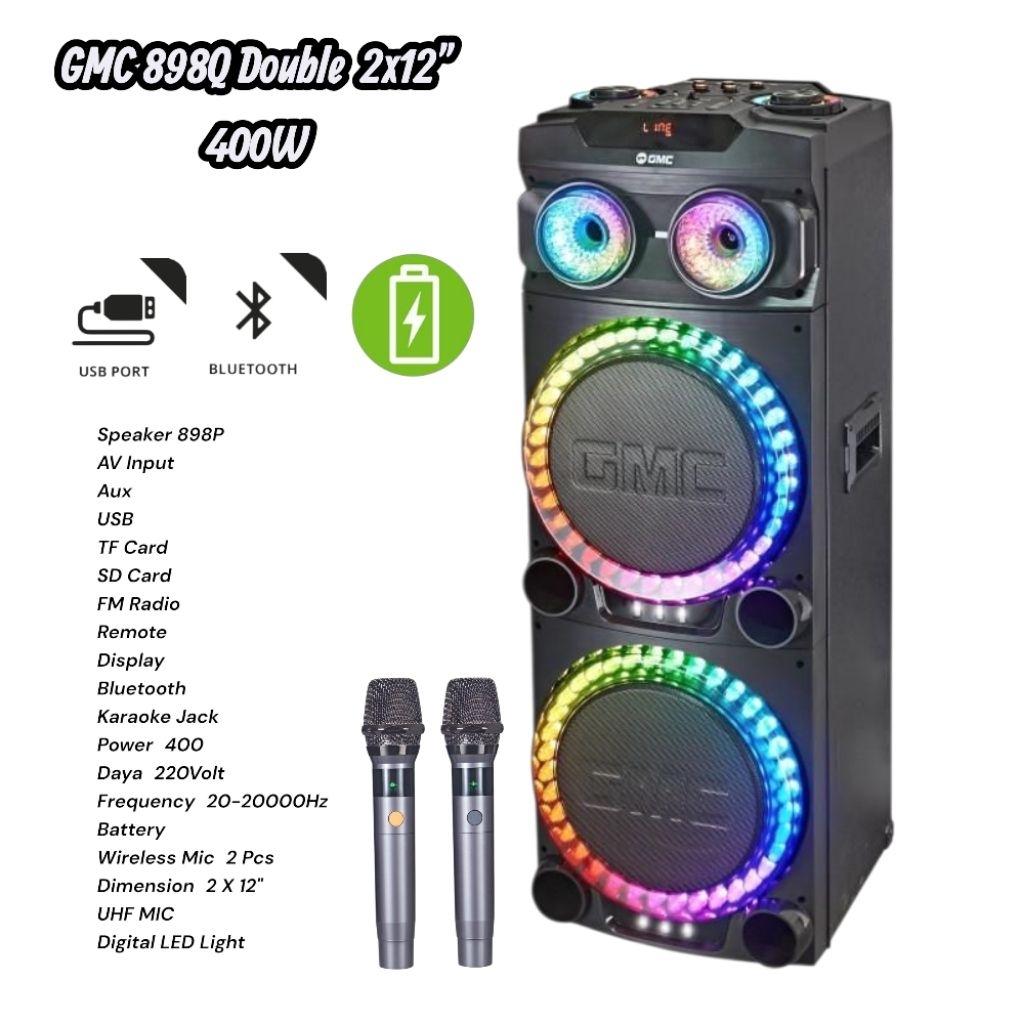 Speaker Portable 12 inch GMC 898Q Double Bluetooth Karaoke Radio FM Original Spiker gmc