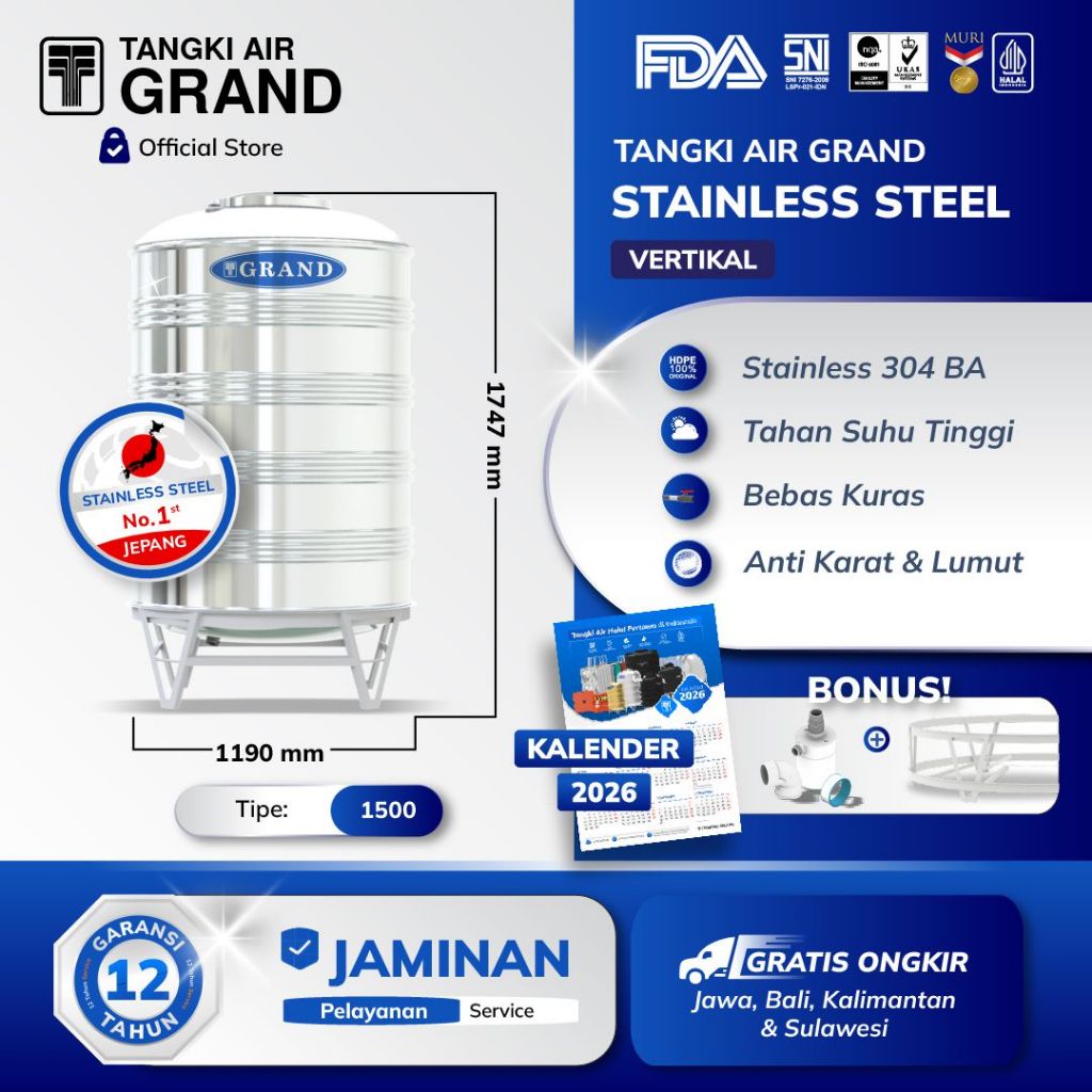 Grand Toren Tandon Air Tangki Stainless | Tangki Air Stainless 1100L (TSV1500) | Tangki Anti Lumut &