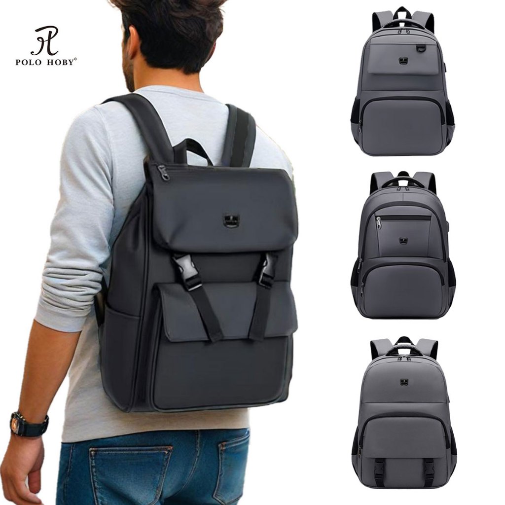 POLOHOBY Tas Sekolah Cowok Tas Ransel Traveling Outdoors Tas Ransel Pria Waterproof Kunci Usb Port K