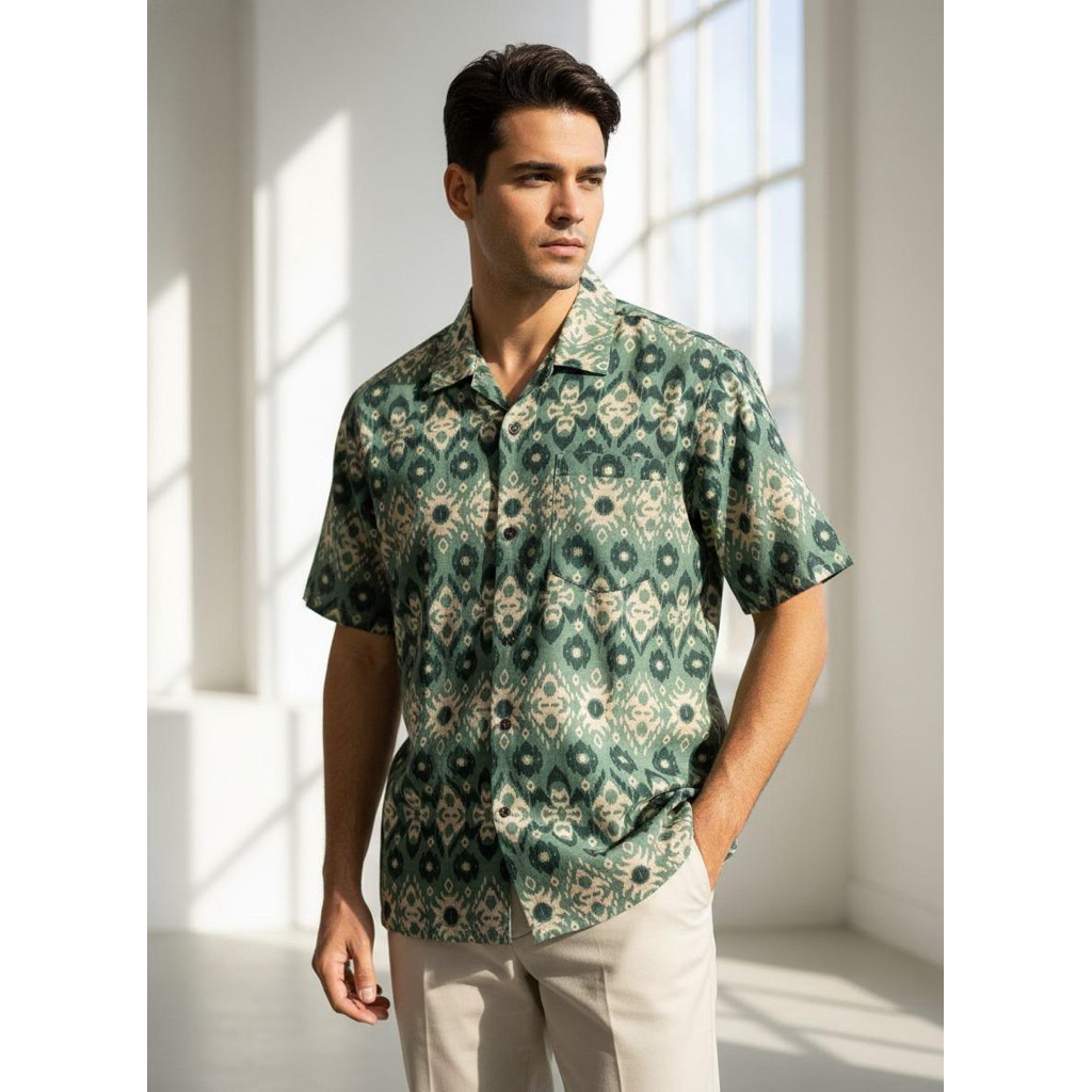 Kemeja Pria Kemeja Endek Bali MOTIF CAKRA Kemeja Motif Bunga Kemeja Lengan Pendek Bahan Katun Baju A