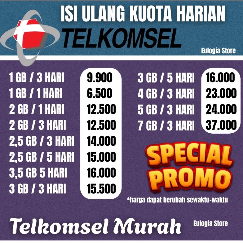 Termurah Kuota Internet Harian Telkomsel 1GB, 2GB, 3 GB, 4 GB, 5 GB, 7GB