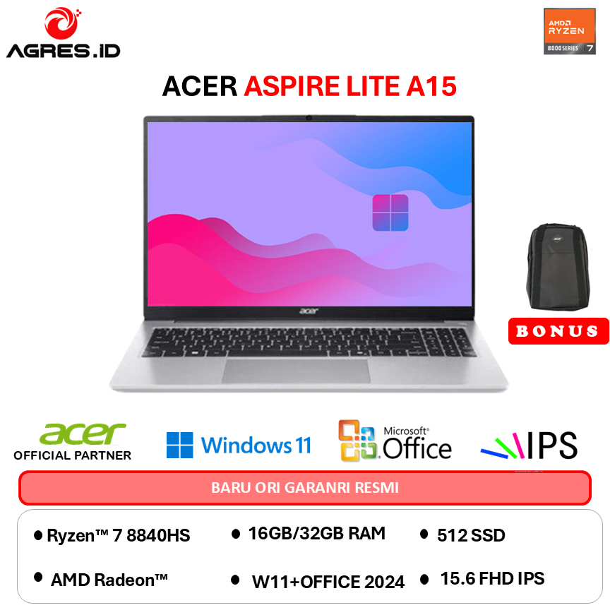 ACER ASPIRE LITE 15 AL15 RYZEN 7 8840HS - RAM 32GB 512GB W11+OHS 15.0FHD IPS - 61P.R572